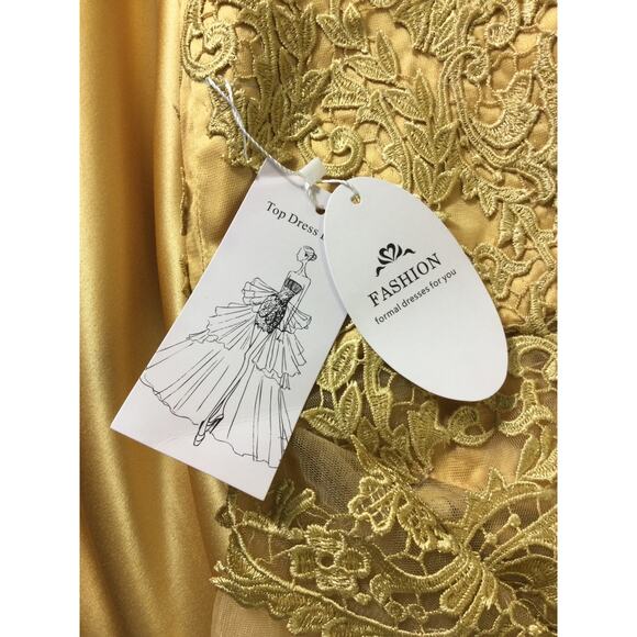 FORMAL 12 L gold mother of bride satin lace sleeves formal maxi dress NEW B112 - Picture 7 of 7